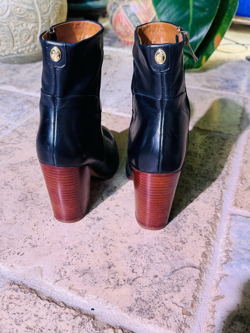 Ivanka Trump Black Leather Ankle Booties with Gold Side Zips - Picture 2 of 7